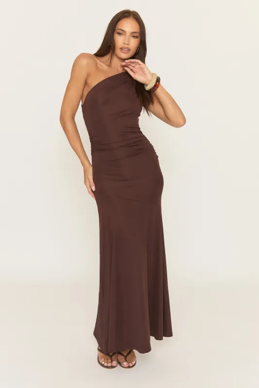 Chocolate One Shoulder Ruched Maxi Dress - Lyon sold by Rebellious Fashion