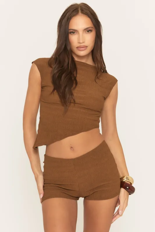 Brown Textured Asymmetric Top and Shorts Co-ord Set - Marea sold by Rebellious Fashion