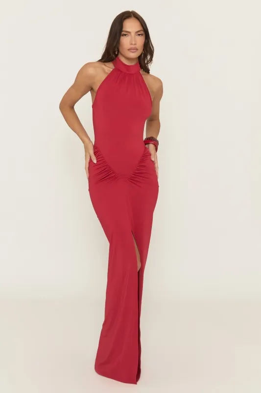 Red High Neck Ruched Maxi Dress - Saraya sold by Rebellious Fashion
