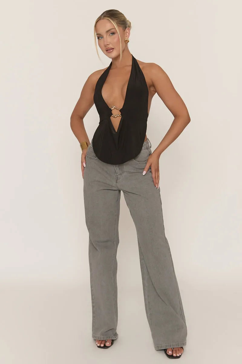 Black Gold Trim Plunge Halter Top - Arlea sold by Rebellious Fashion product image thumbnail 2