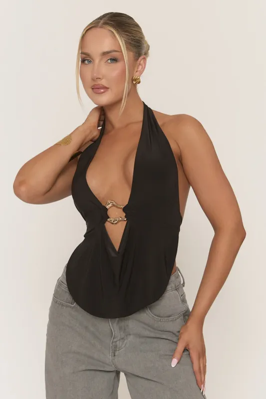 Black Gold Trim Plunge Halter Top - Arlea sold by Rebellious Fashion