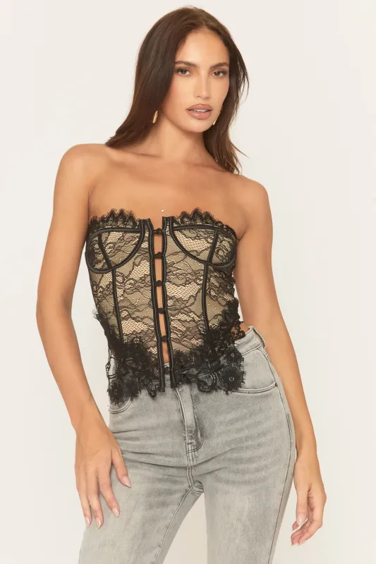 Black Contrast Eyelash Lace Corset - Marelle sold by Rebellious Fashion