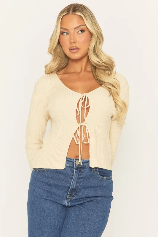 Cream Tie Front Rib Knit Cardigan - Elvisa sold by Rebellious Fashion