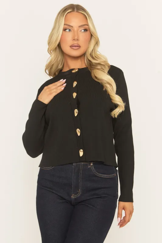 Black Gold Button Detail Cardigan - Yarina sold by Rebellious Fashion