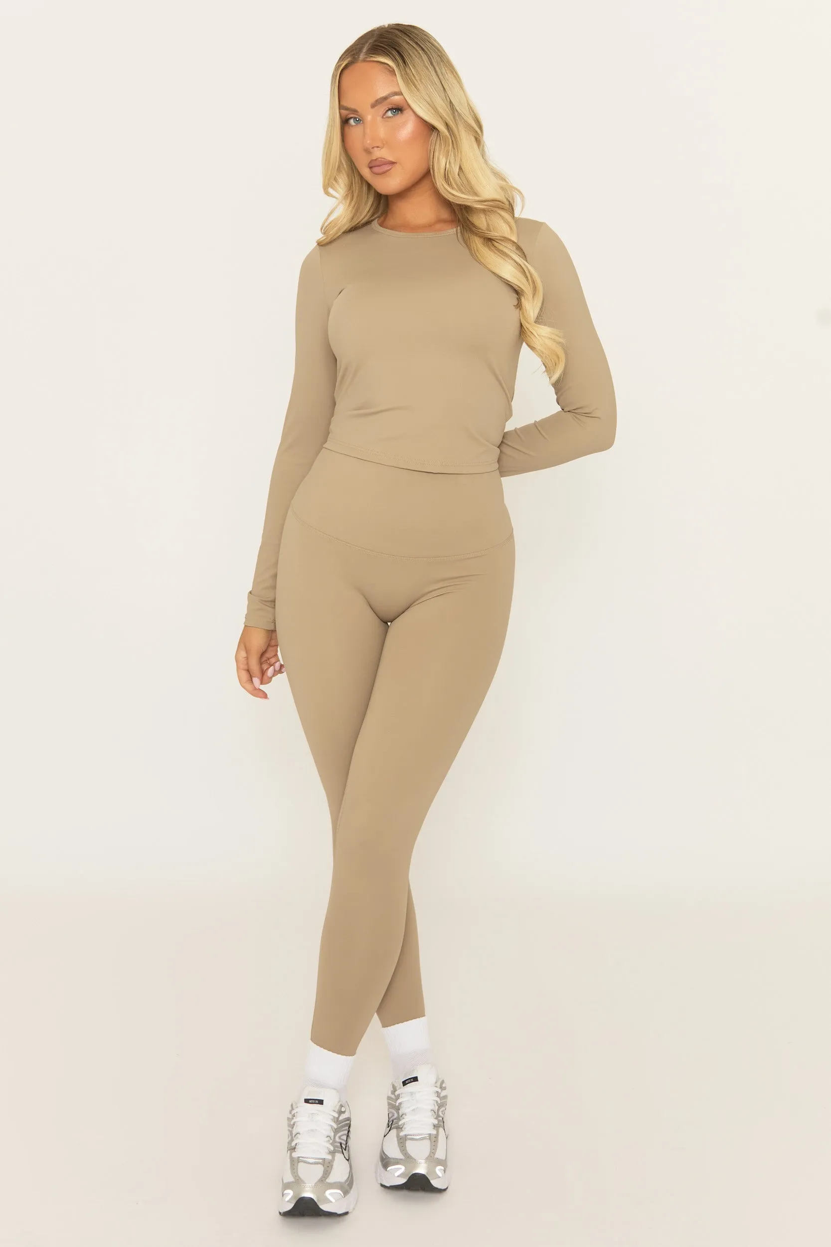 Beige Long Sleeve Top and Energise Legging Activewear Set - Shanee sold by Rebellious Fashion