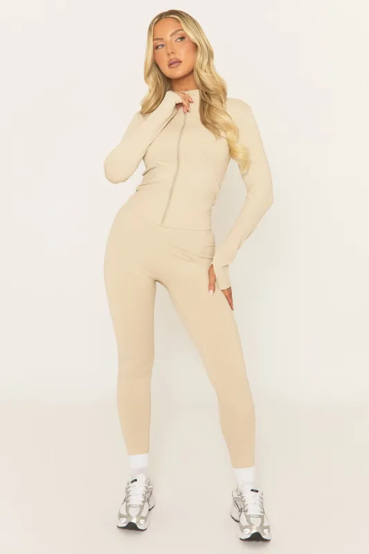 Beige Zip Through Jacket and Legging Activewear Set - Rehyan sold by Rebellious Fashion