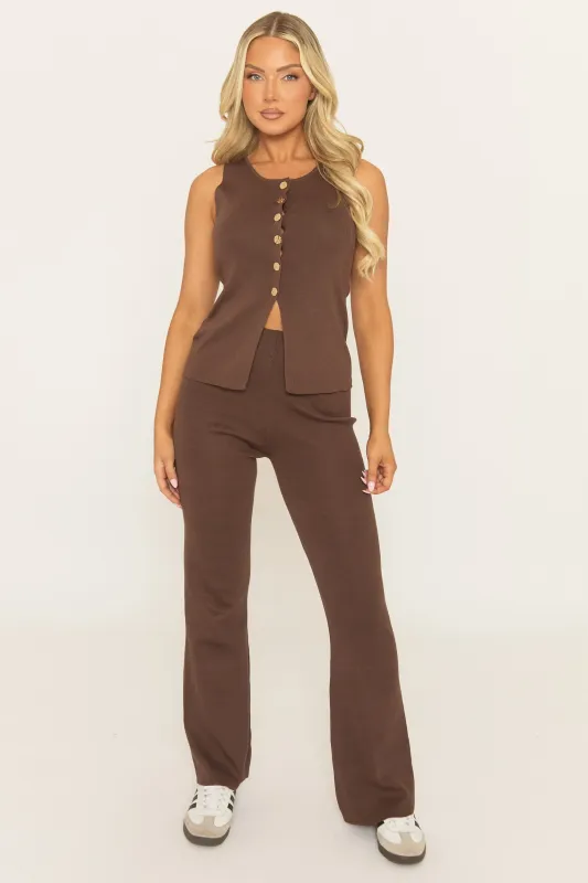 Chocolate Rib Knit Waistcoat and Trouser Co-ord Set - Maleah sold by Rebellious Fashion