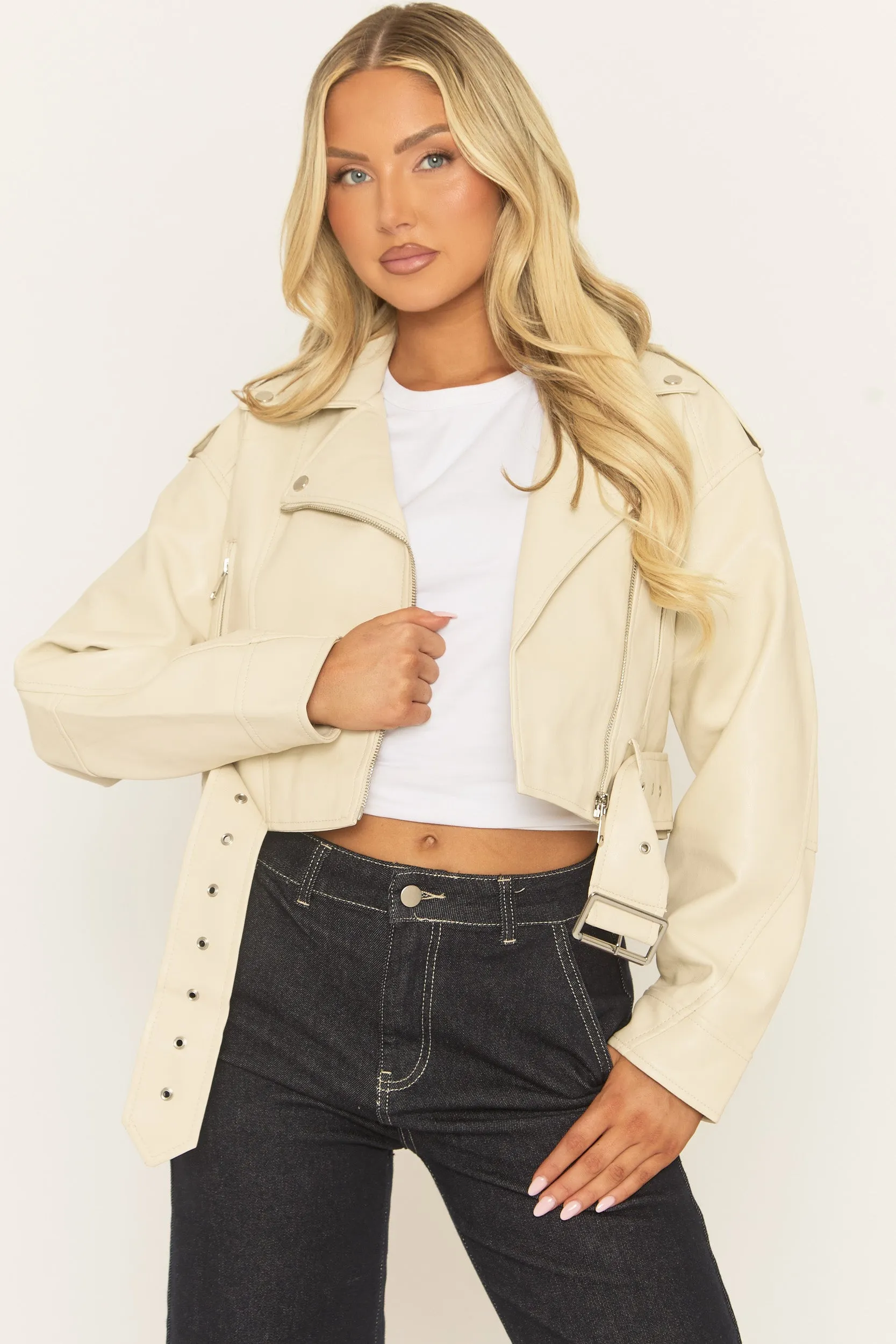 Cream Cropped PU Biker Jacket - Kristine sold by Rebellious Fashion
