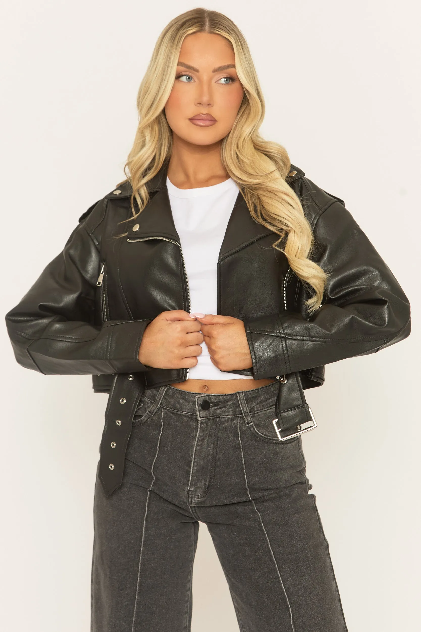 Black Cropped PU Biker Jacket - Kristine sold by Rebellious Fashion product image thumbnail 5