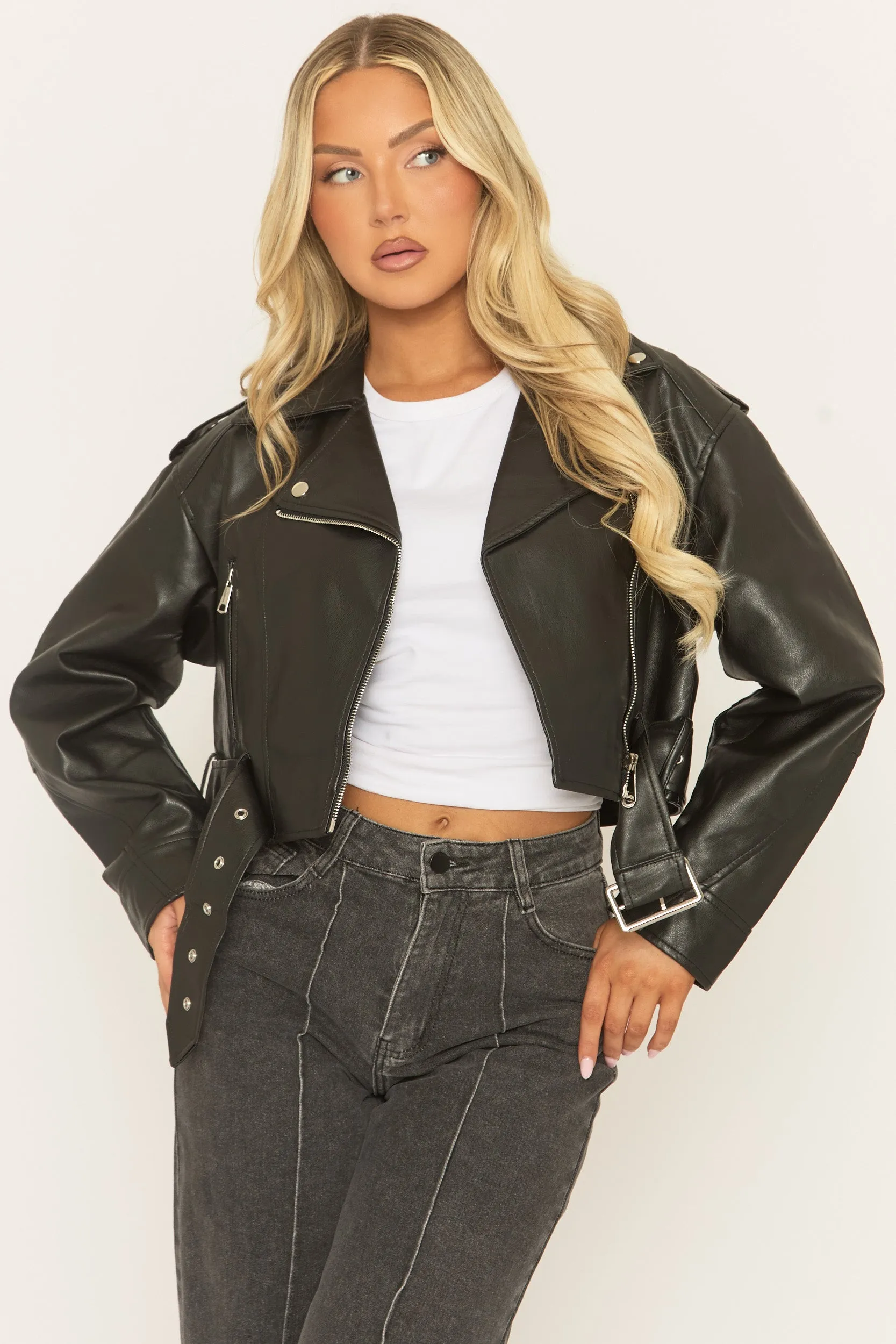Black Cropped PU Biker Jacket - Kristine sold by Rebellious Fashion