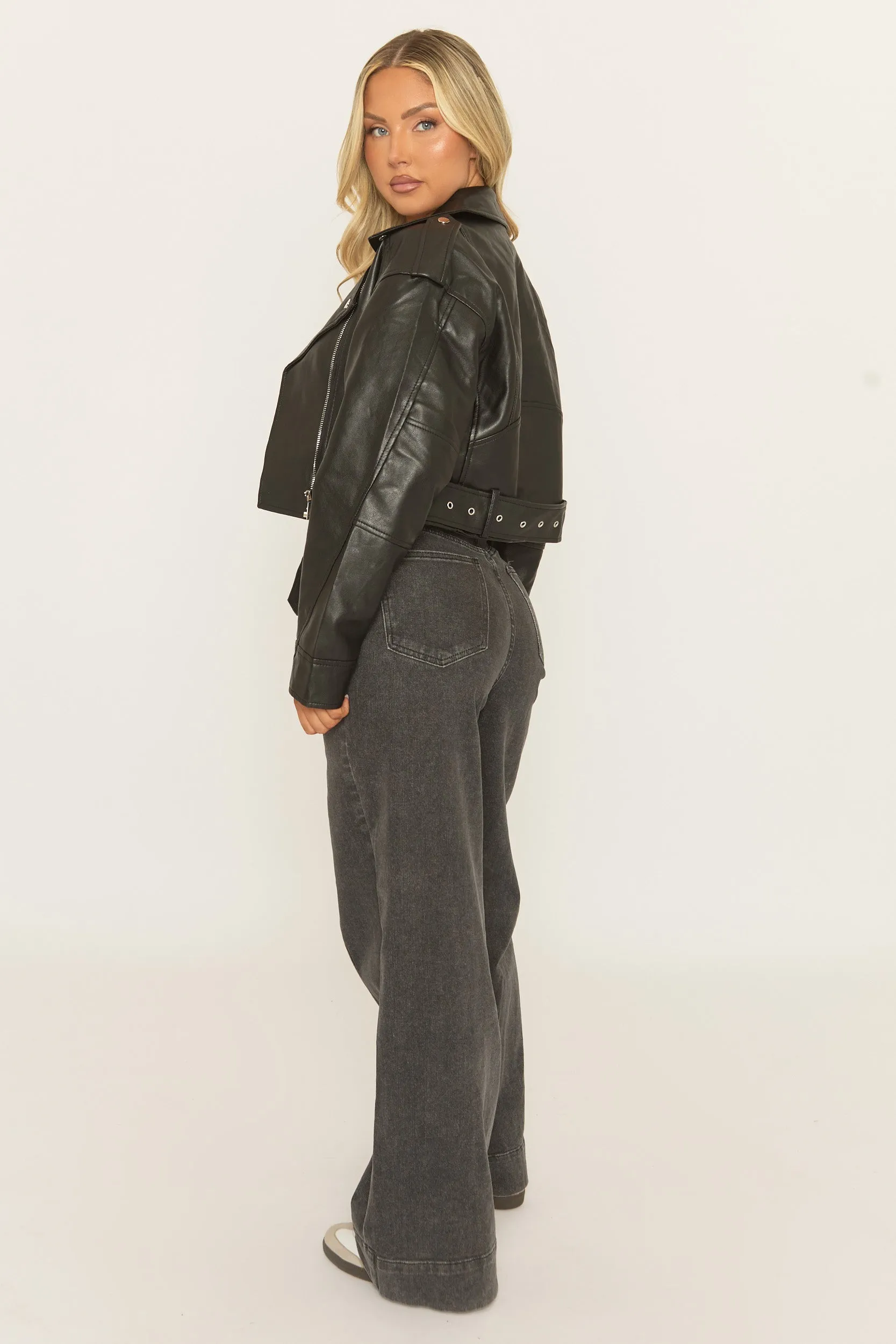 Black Cropped PU Biker Jacket - Kristine sold by Rebellious Fashion product image thumbnail 4