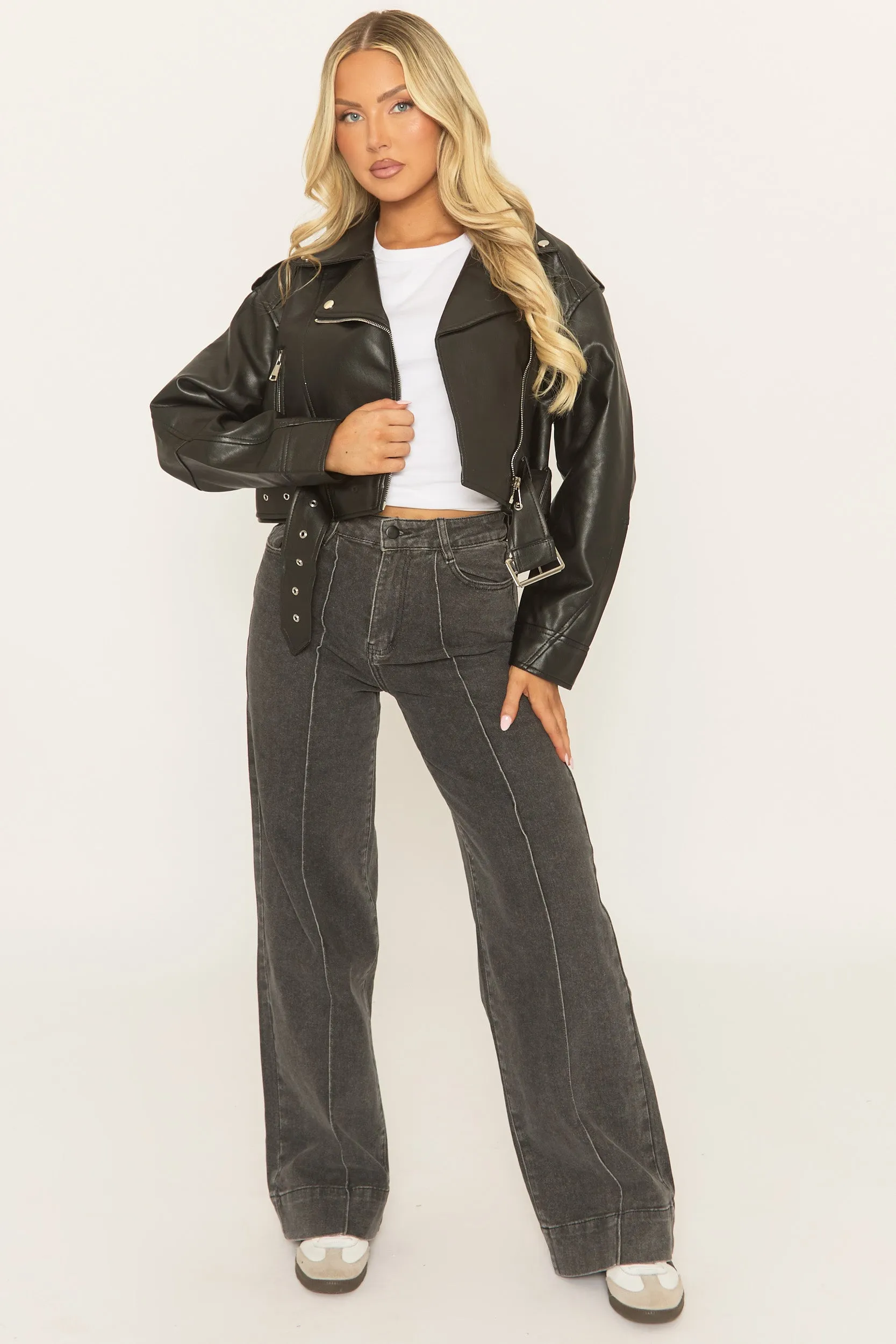Black Cropped PU Biker Jacket - Kristine sold by Rebellious Fashion product image thumbnail 2