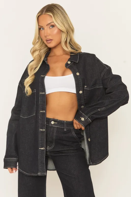 Indigo Denim Contrast Stitch Oversized Shirt - Marcey sold by Rebellious Fashion