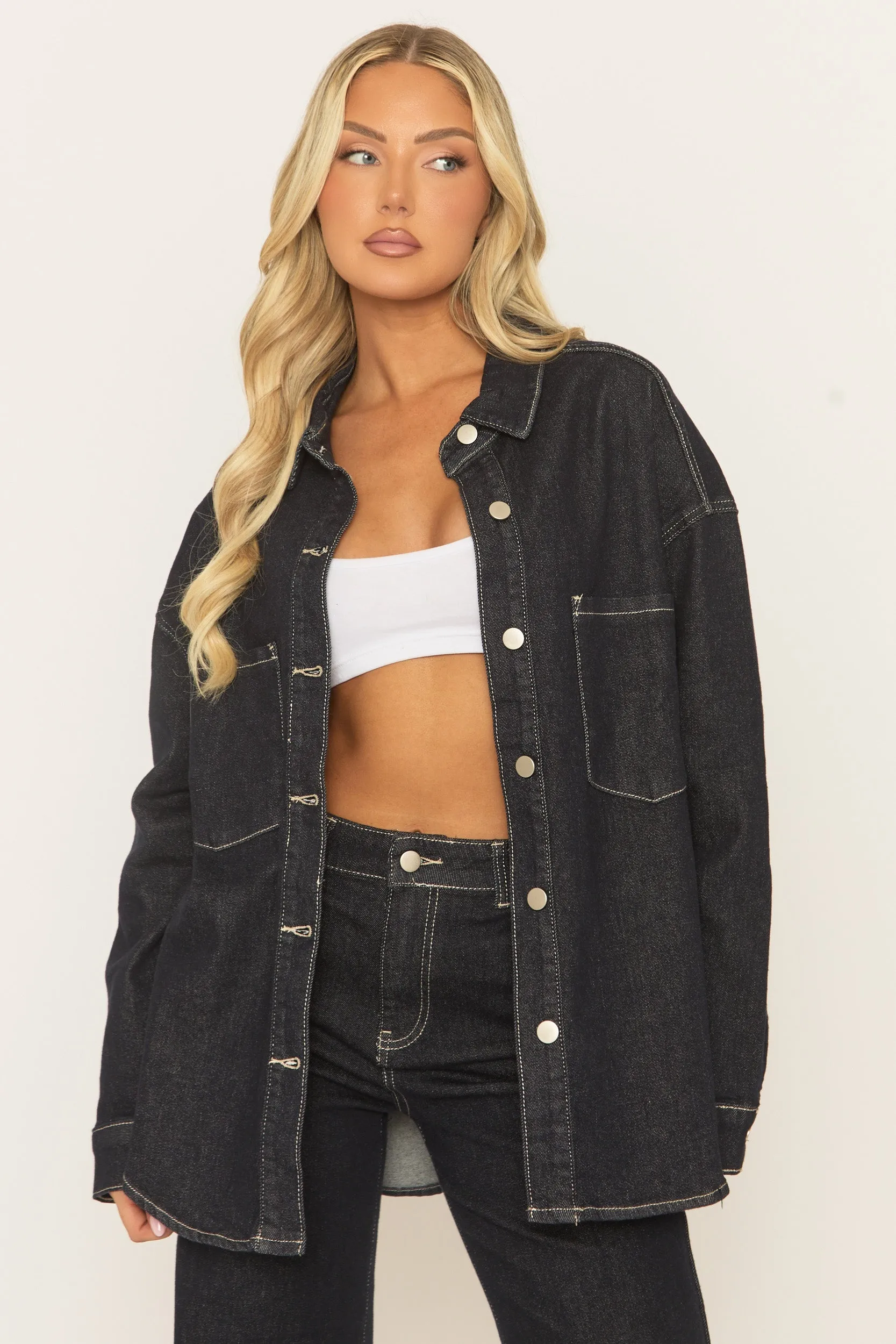 Indigo Denim Contrast Stitch Oversized Shirt - Marcey sold by Rebellious Fashion product image thumbnail 2
