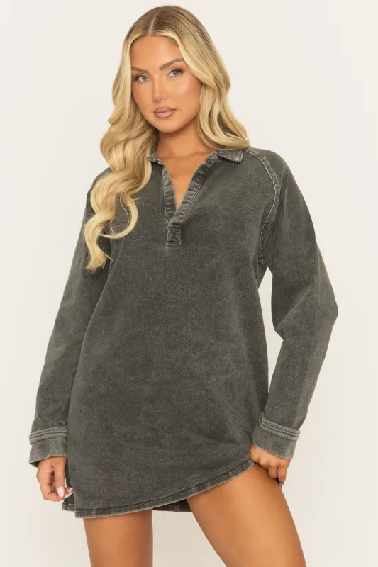 Grey Acid Wash Denim Mini Dress - Katrena sold by Rebellious Fashion