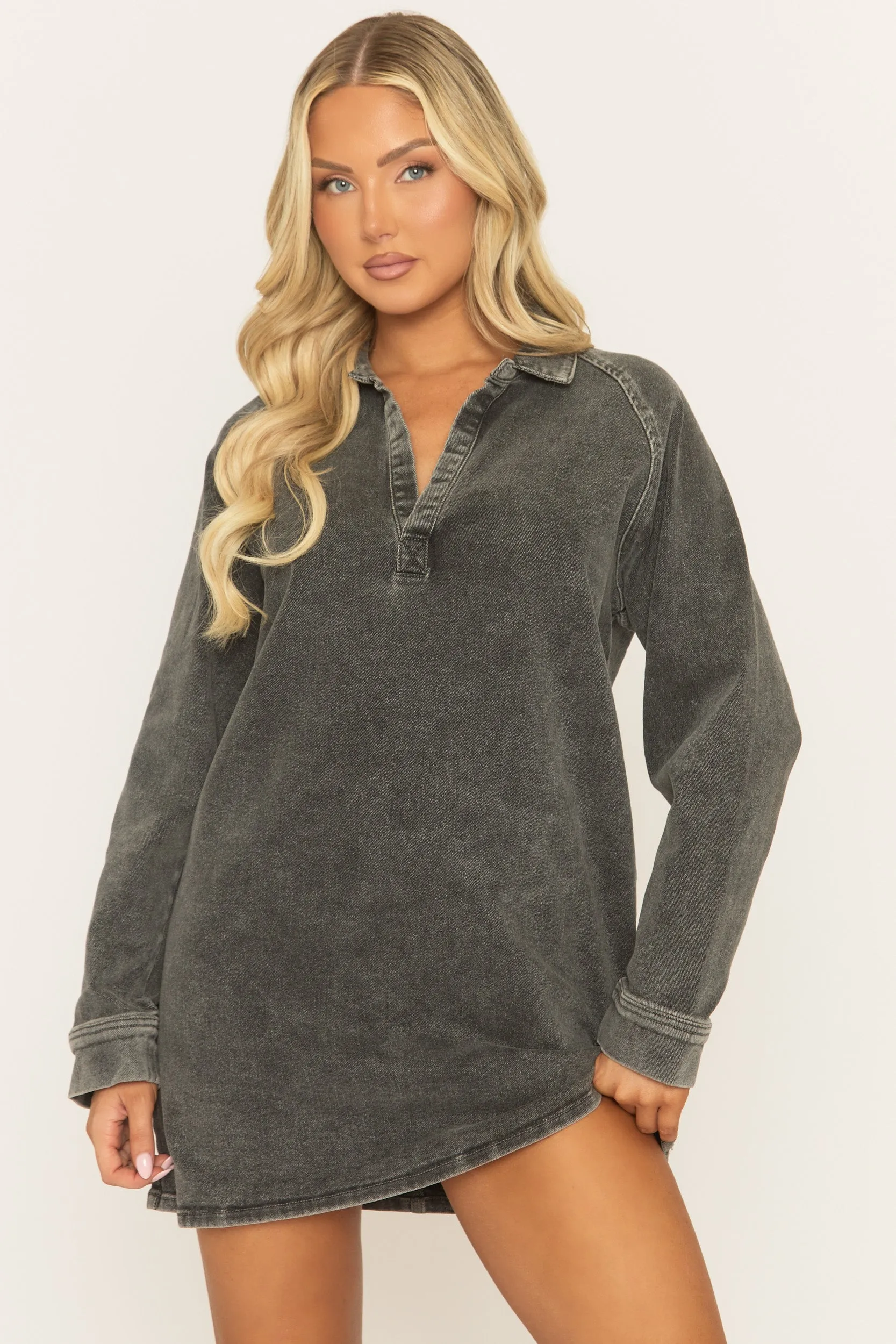 Grey Acid Wash Denim Mini Dress - Katrena sold by Rebellious Fashion