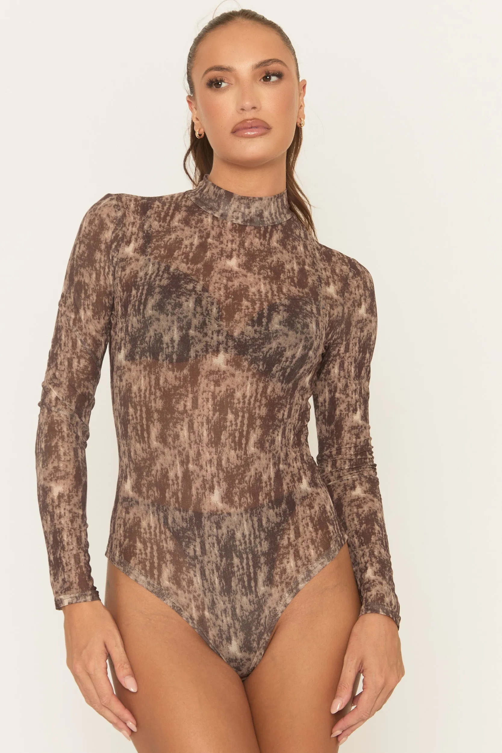 Brown Abstract Print Mesh Bodysuit - Laycee sold by Rebellious Fashion product image thumbnail 3