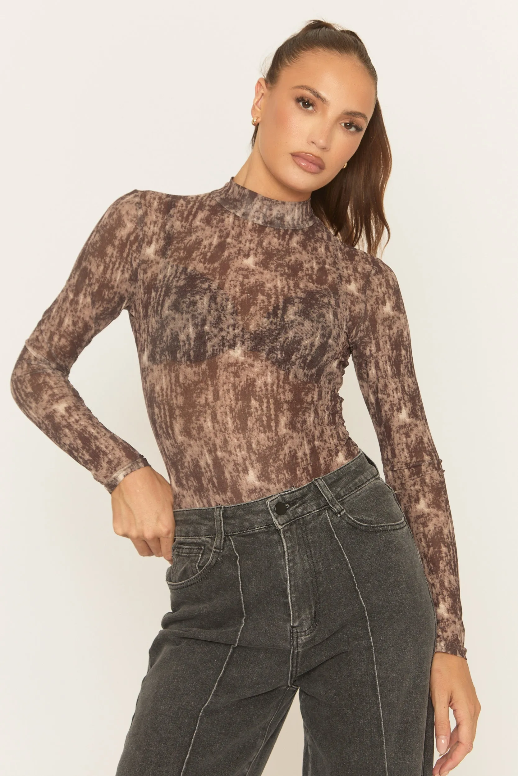 Brown Abstract Print Mesh Bodysuit - Laycee sold by Rebellious Fashion