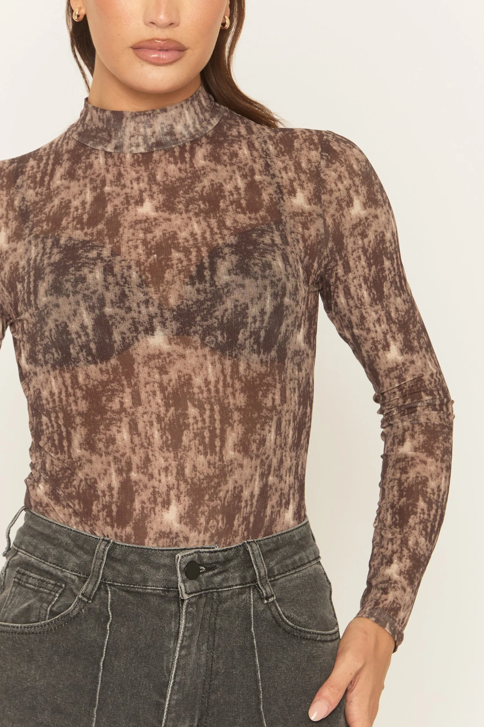 Brown Abstract Print Mesh Bodysuit - Laycee sold by Rebellious Fashion product image thumbnail 4