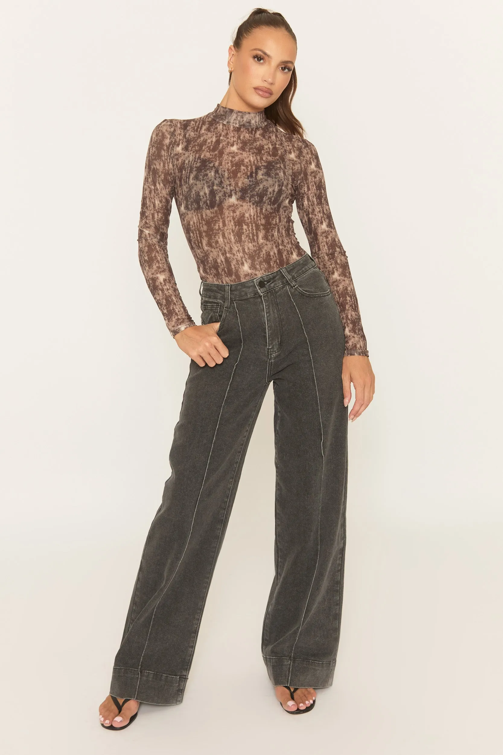 Brown Abstract Print Mesh Bodysuit - Laycee sold by Rebellious Fashion product image thumbnail 2