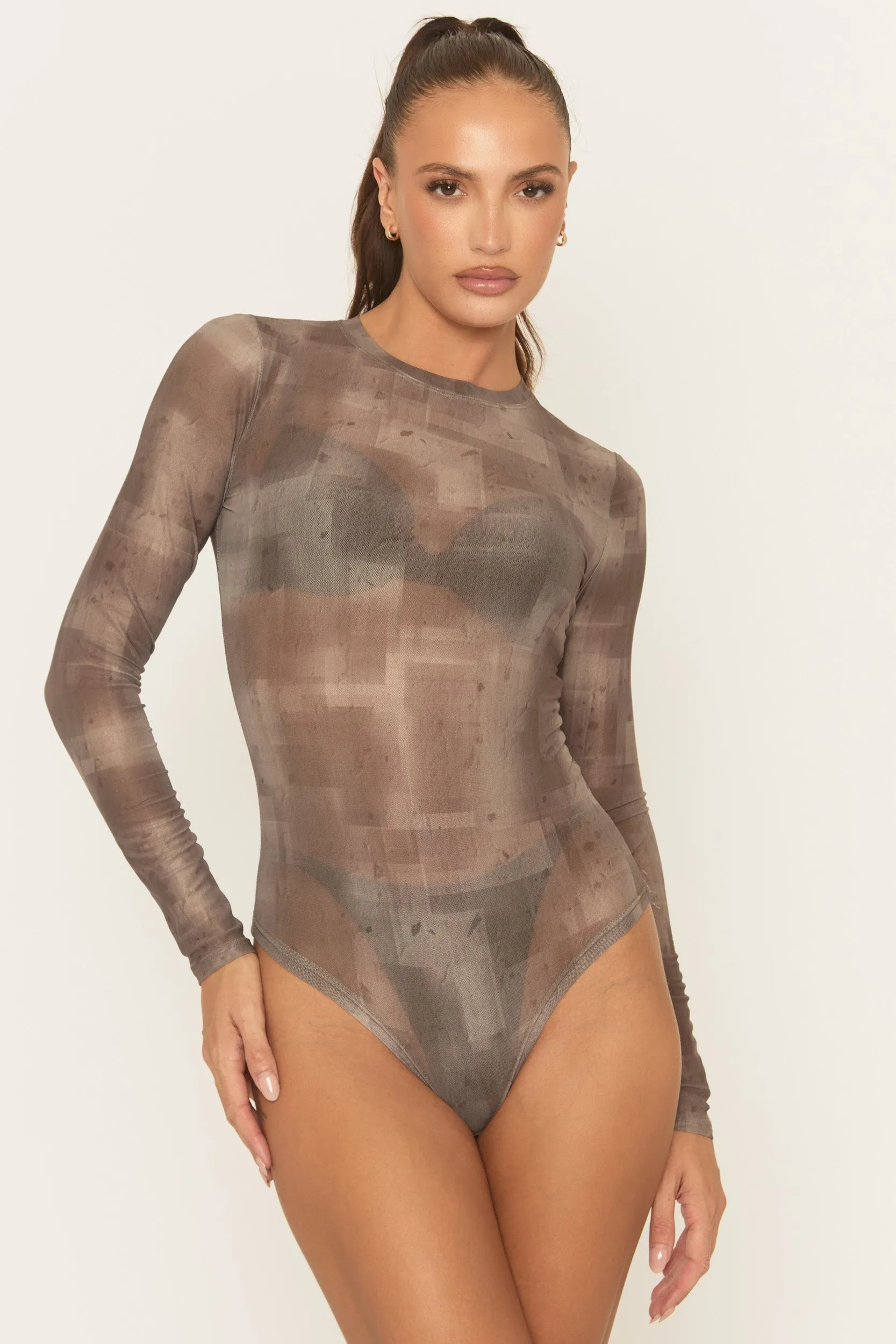 Taupe Abstract Print Mesh Bodysuit - Salima sold by Rebellious Fashion product image thumbnail 3