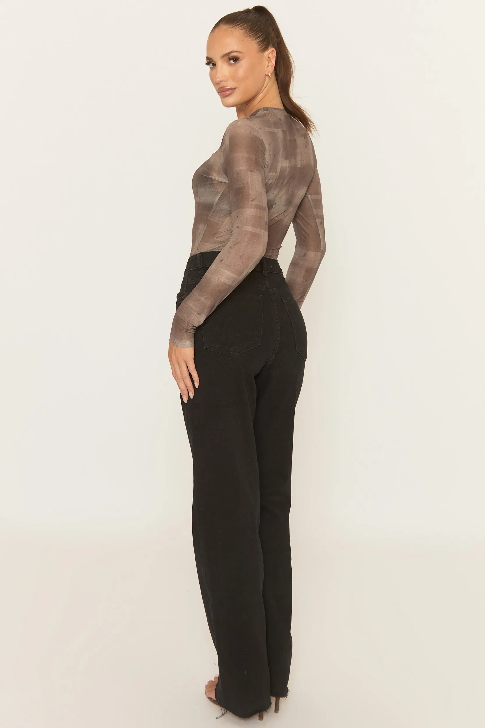 Taupe Abstract Print Mesh Bodysuit - Salima sold by Rebellious Fashion product image thumbnail 5