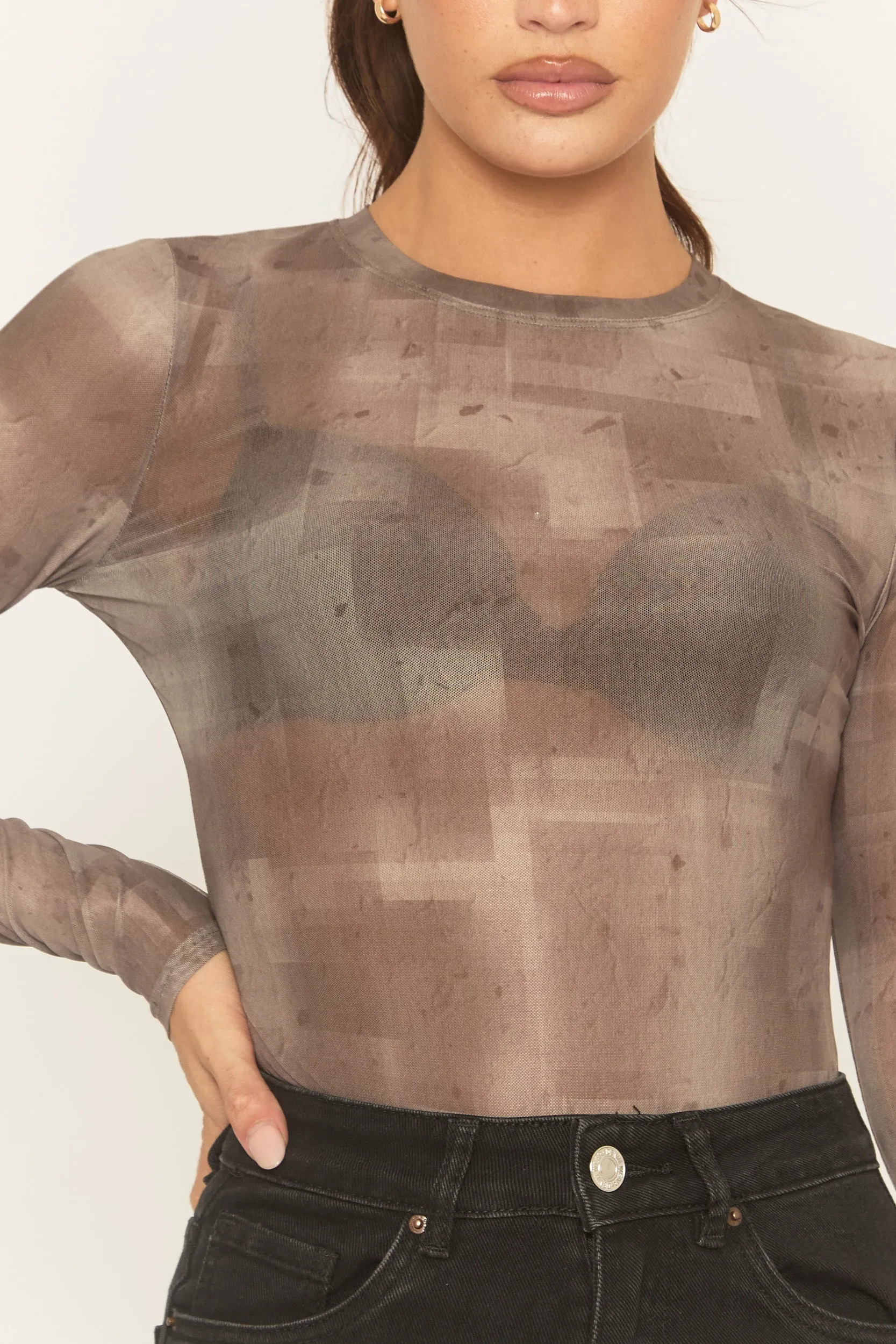 Taupe Abstract Print Mesh Bodysuit - Salima sold by Rebellious Fashion product image thumbnail 4