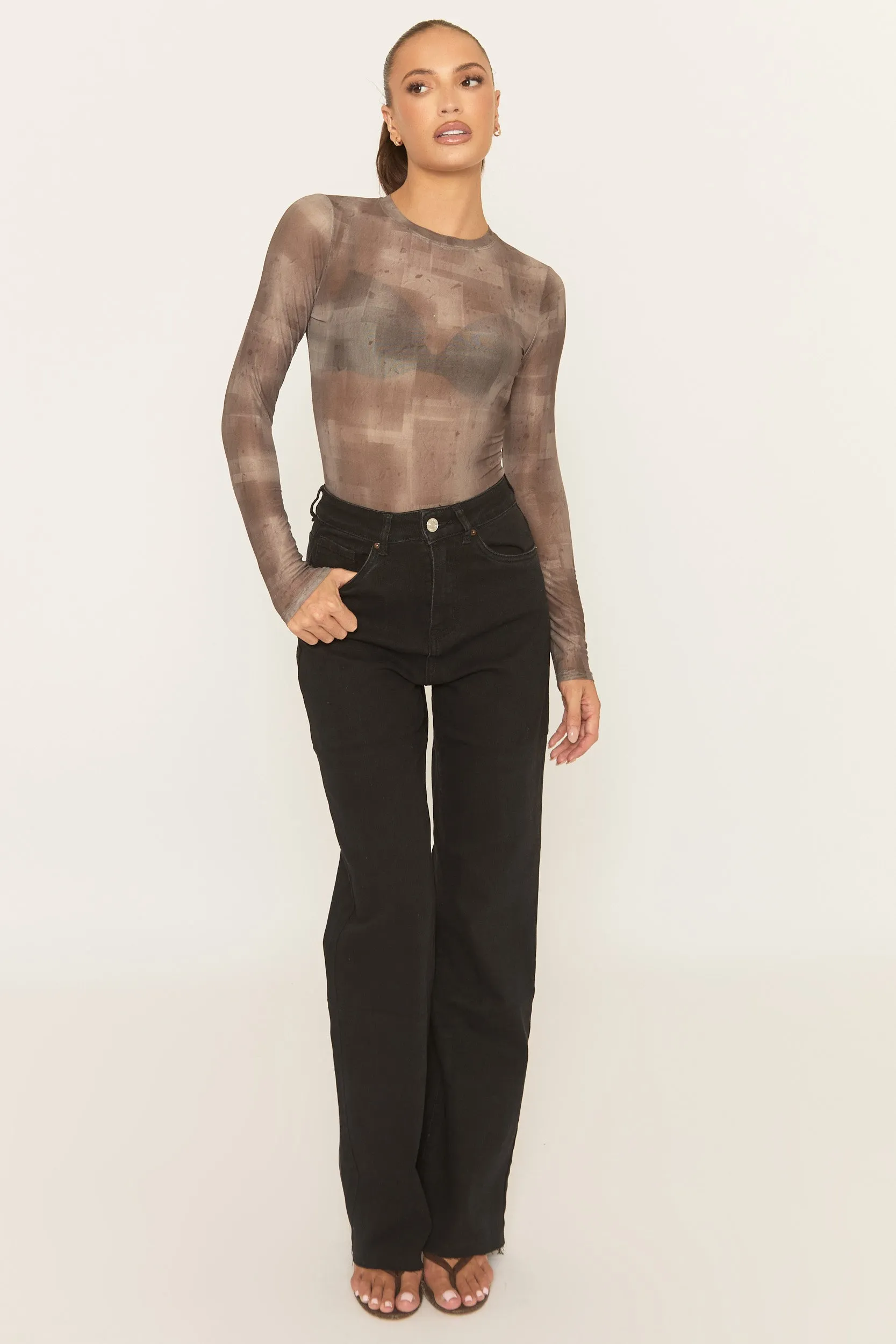 Taupe Abstract Print Mesh Bodysuit - Salima sold by Rebellious Fashion product image thumbnail 2