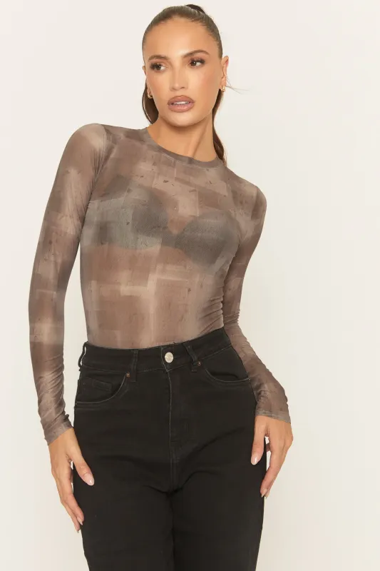 Taupe Abstract Print Mesh Bodysuit - Salima sold by Rebellious Fashion