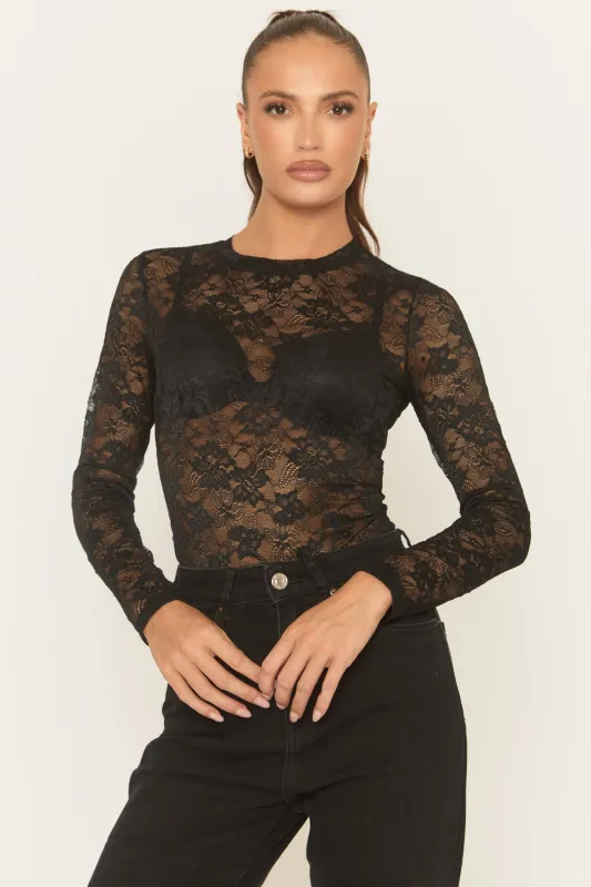 Black Sheer Lace High Neck Bodysuit - Kiane sold by Rebellious Fashion