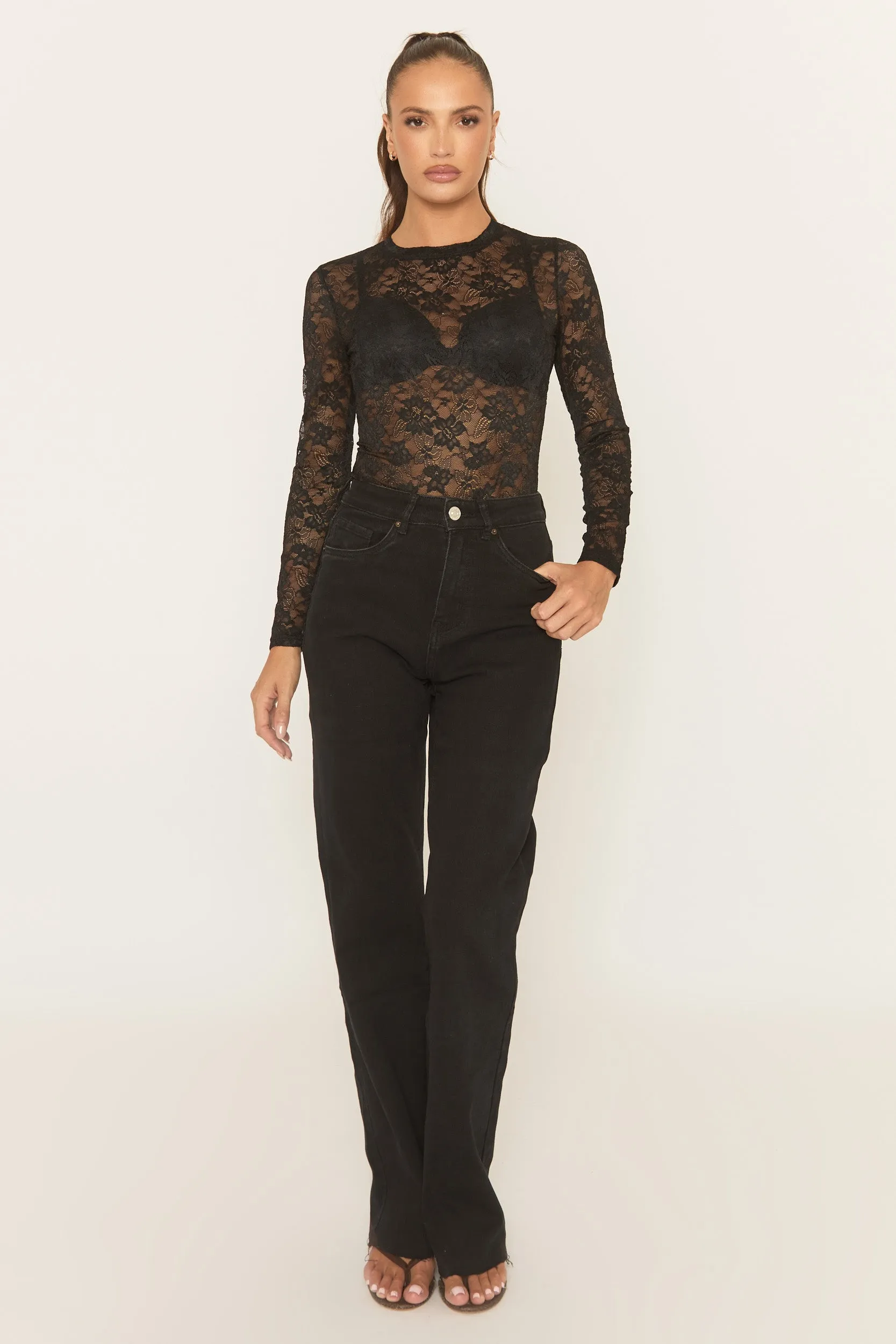 Black Sheer Lace High Neck Bodysuit - Kiane sold by Rebellious Fashion product image thumbnail 3