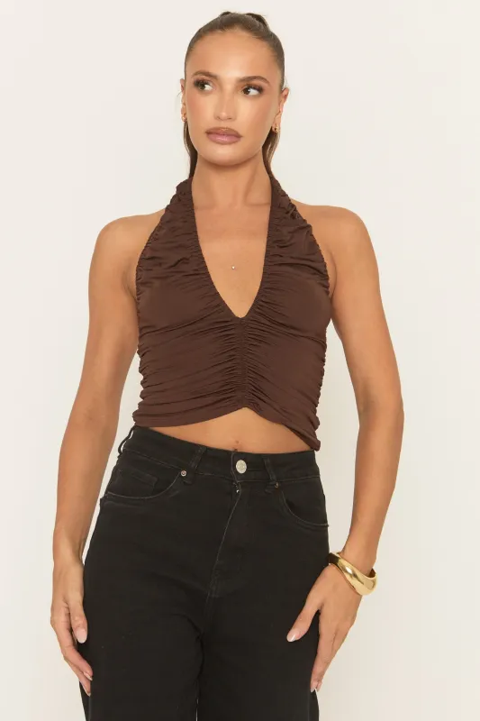 Chocolate Gathered Halter Top - Arum sold by Rebellious Fashion