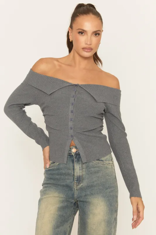 Grey Rib Knit Bardot Top - Brent sold by Rebellious Fashion