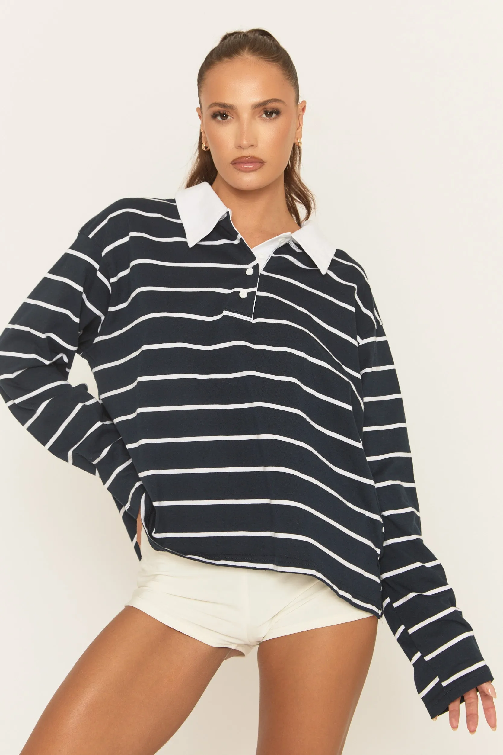 Navy Stripe Collared Sweater - Lynette sold by Rebellious Fashion