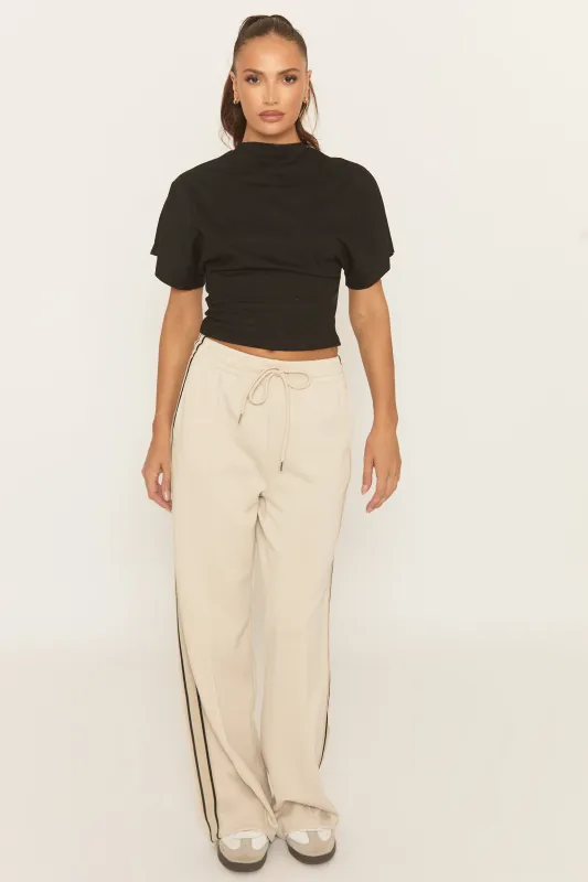 Beige Seam Front Side Stripe Wide Leg Joggers - Corane sold by Rebellious Fashion