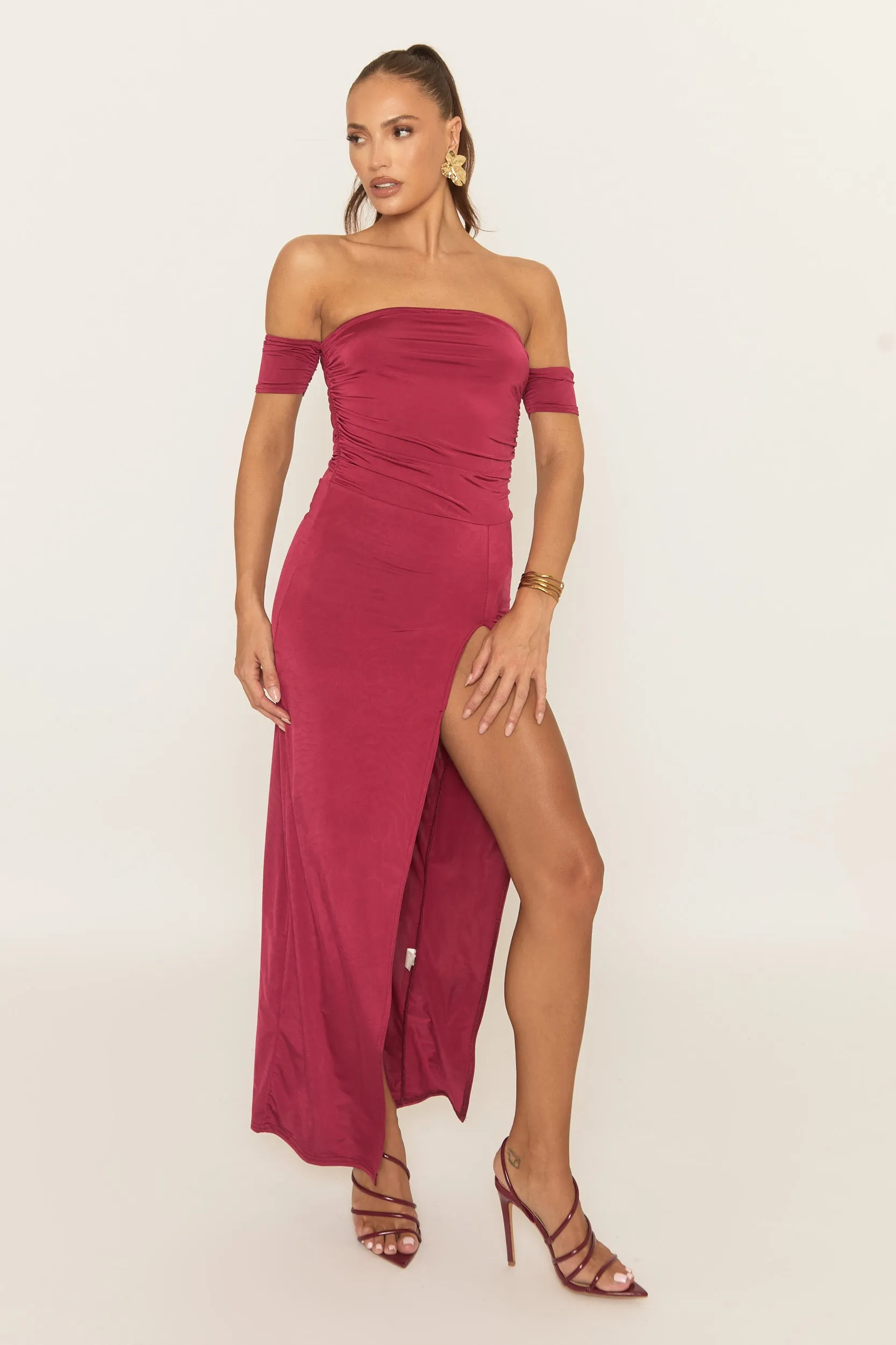 Wine Bardot Front Split Maxi Dress - Korina sold by Rebellious Fashion product image thumbnail 5