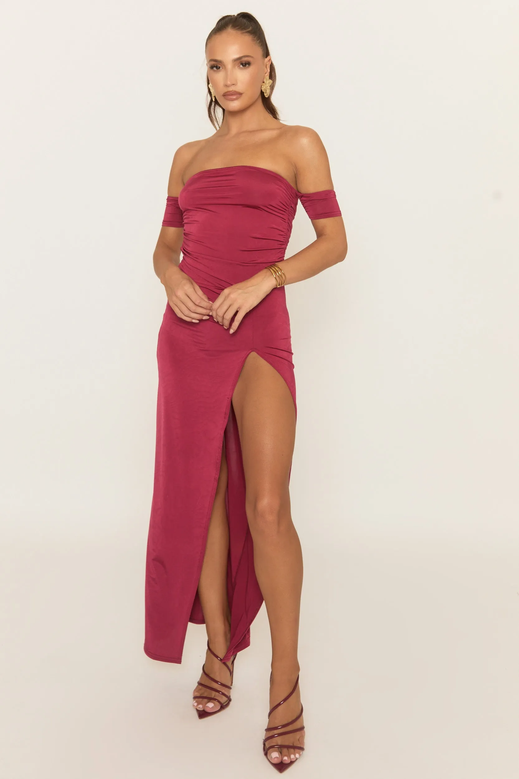 Wine Bardot Front Split Maxi Dress - Korina sold by Rebellious Fashion product image thumbnail 2