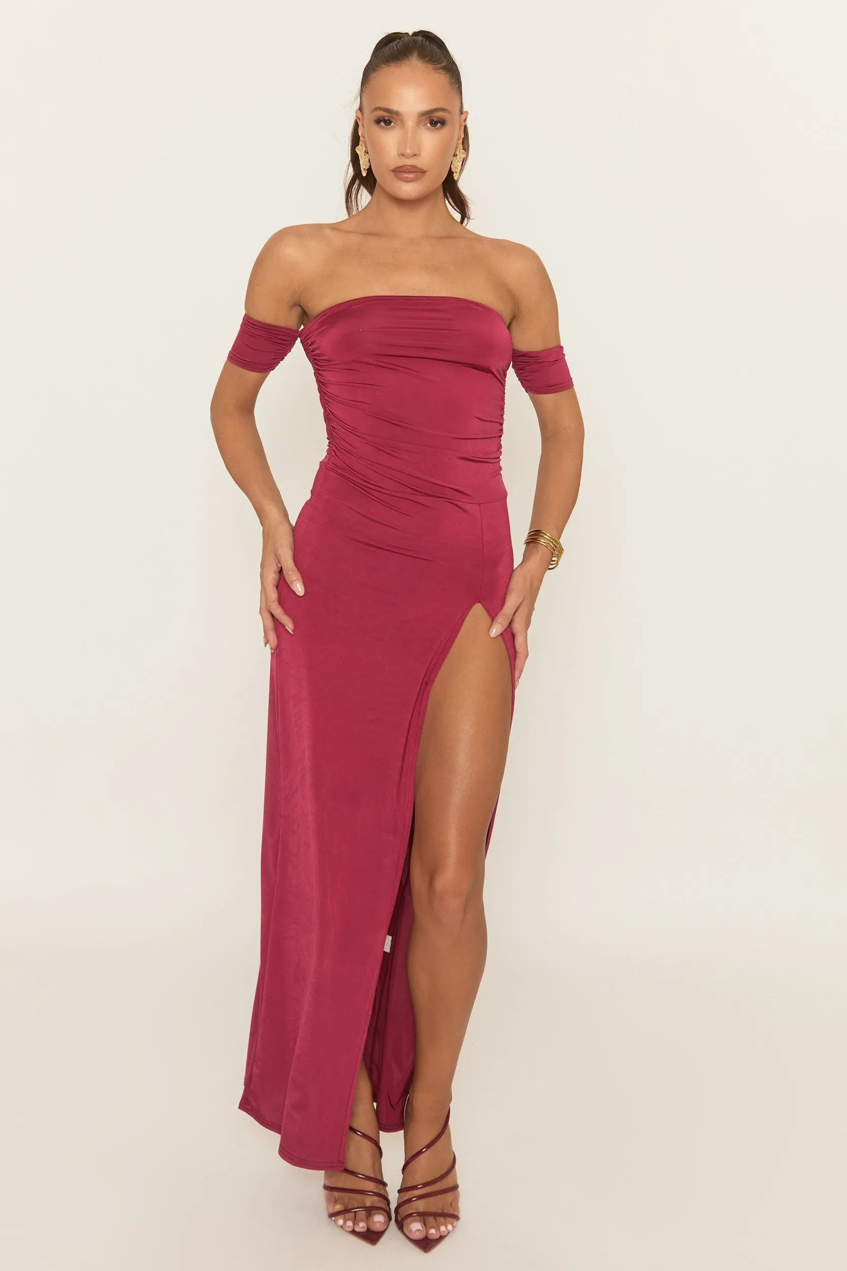 Wine Bardot Front Split Maxi Dress - Korina sold by Rebellious Fashion