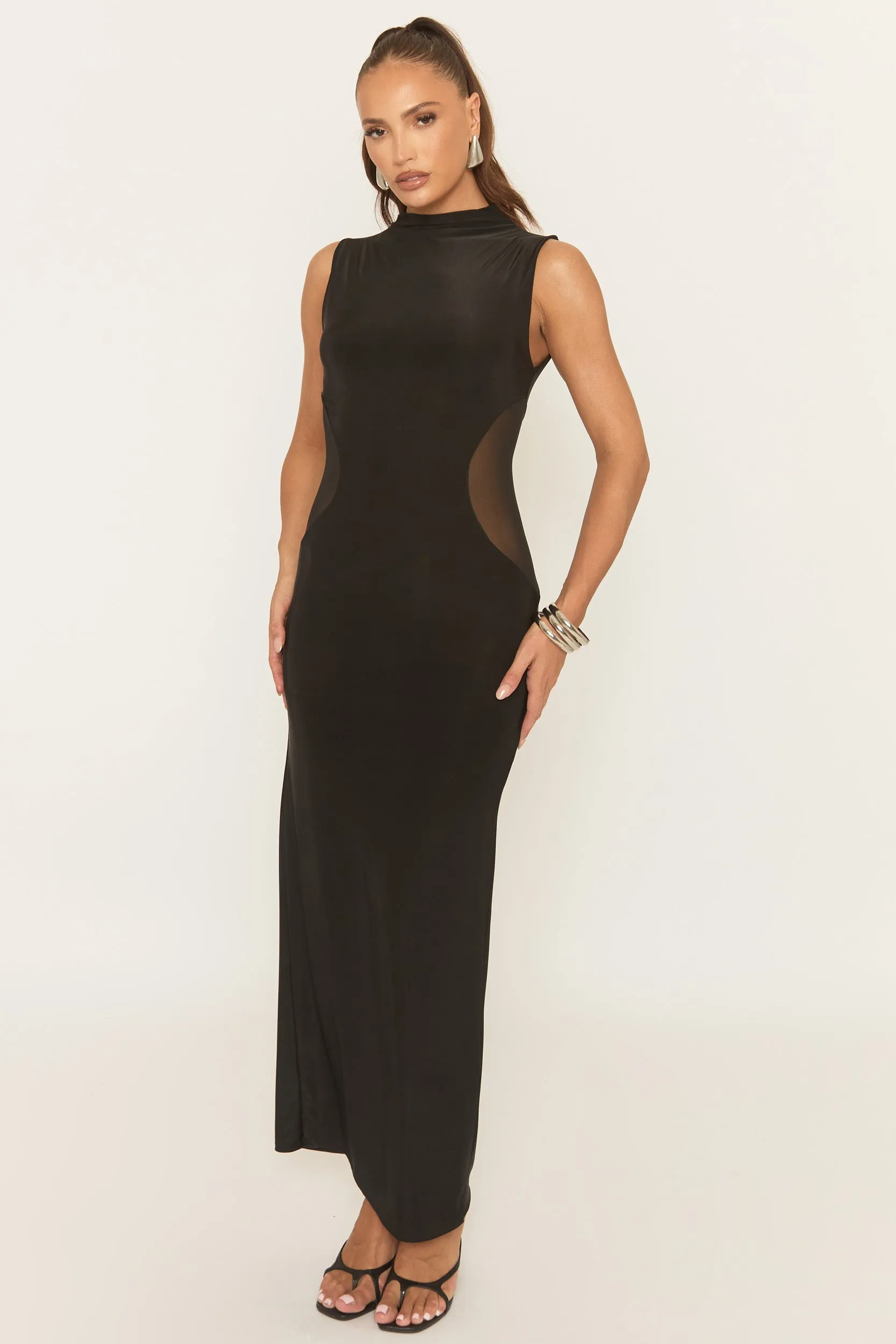 Black High Neck Mesh Insert Maxi Dress - Baley sold by Rebellious Fashion product image thumbnail 2