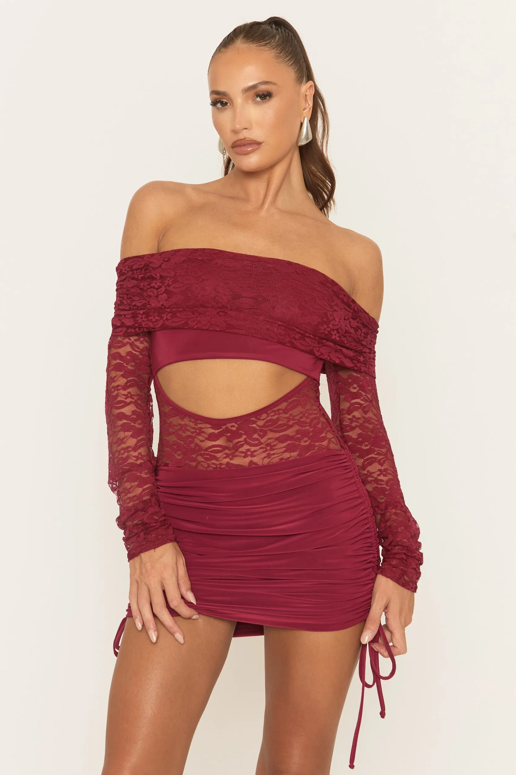 Wine Lace Bardot Mini Dress - Shella sold by Rebellious Fashion