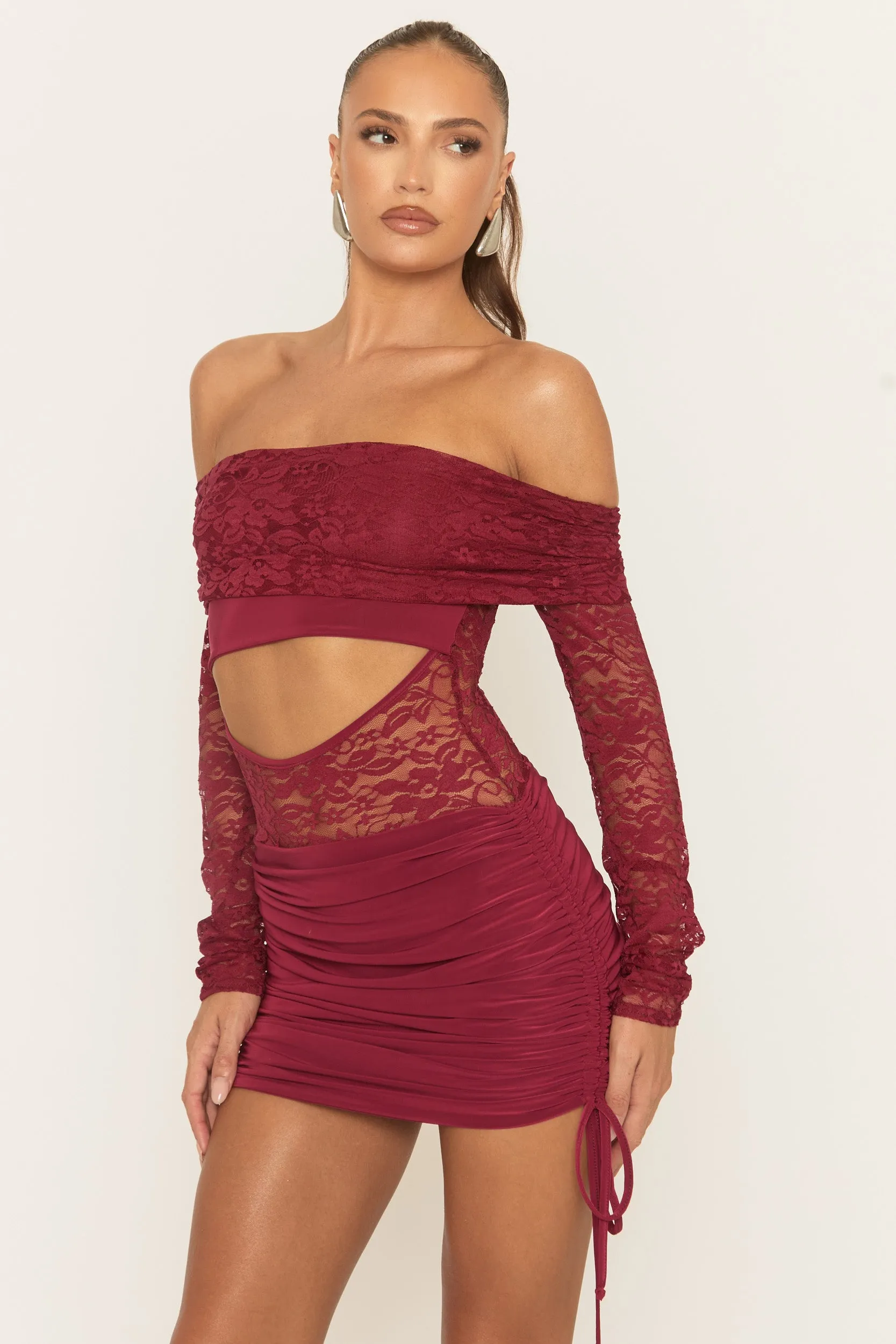 Wine Lace Bardot Mini Dress - Shella sold by Rebellious Fashion product image thumbnail 4