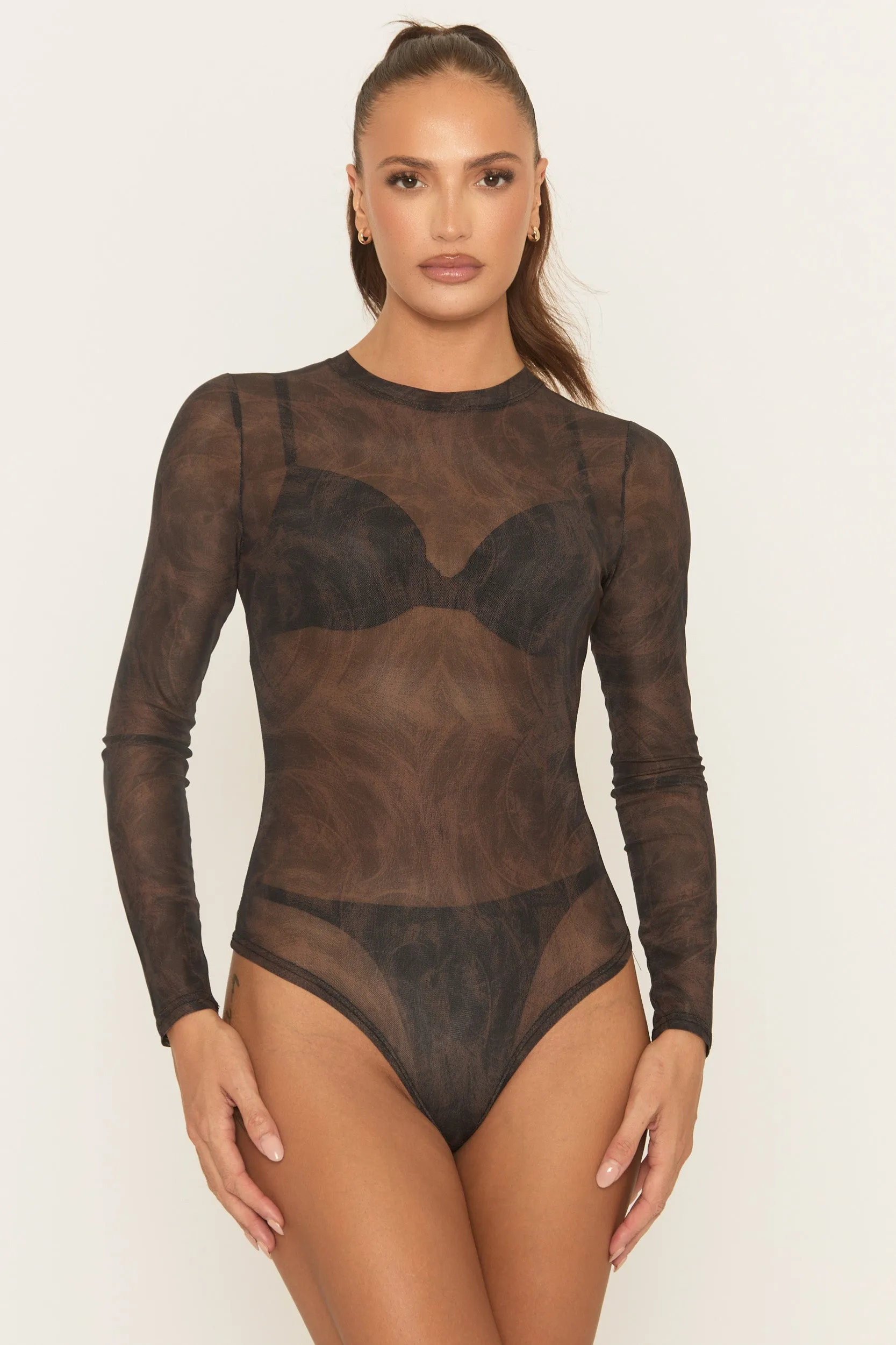 Brown Abstract Print Mesh Bodysuit - Kerris sold by Rebellious Fashion product image thumbnail 2