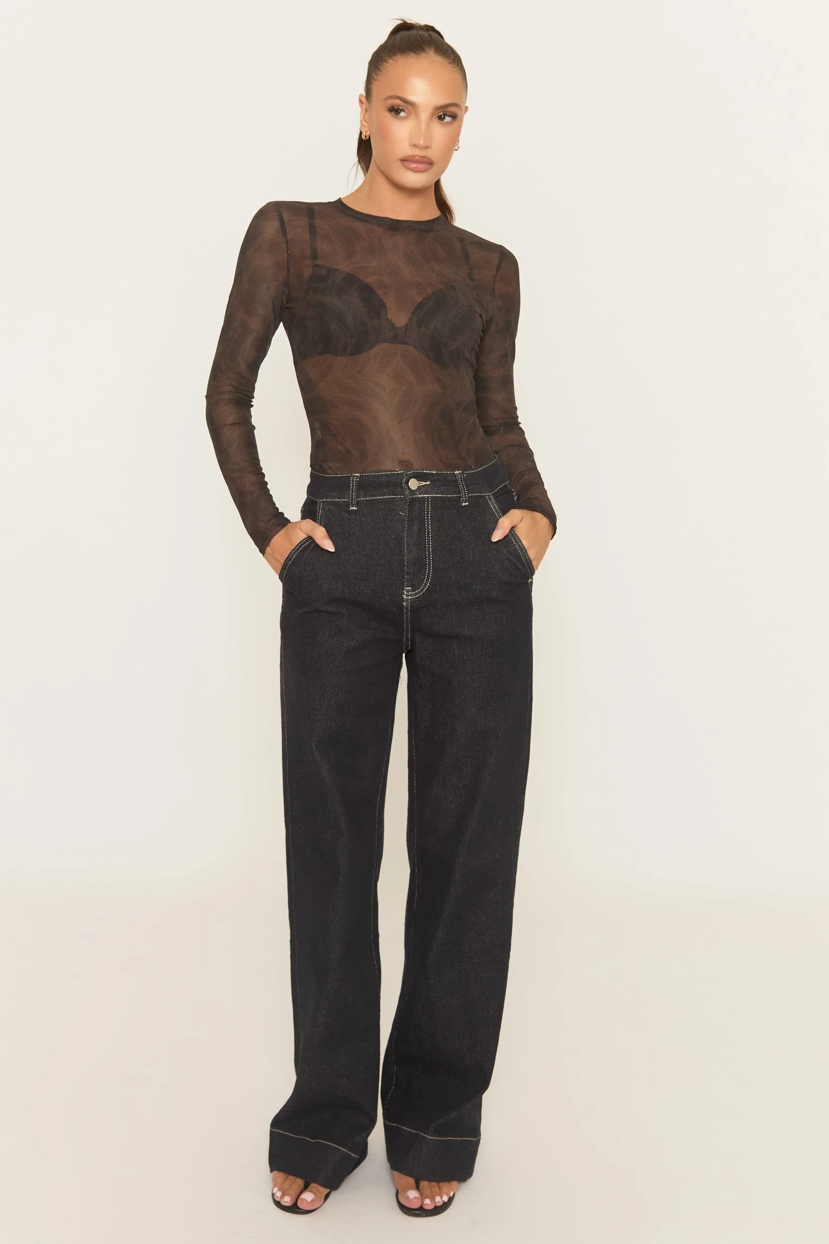 Brown Abstract Print Mesh Bodysuit - Kerris sold by Rebellious Fashion