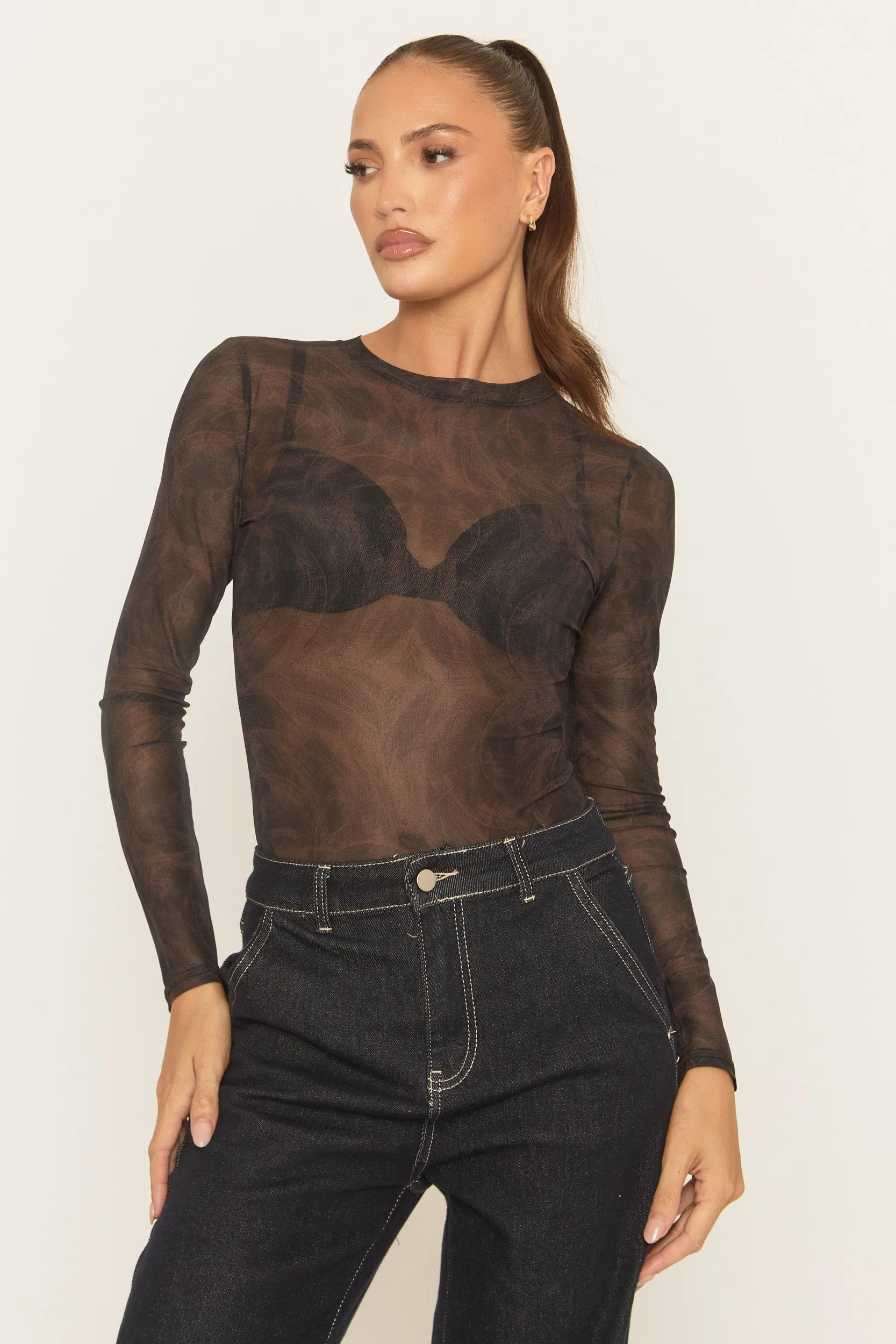 Brown Abstract Print Mesh Bodysuit - Kerris sold by Rebellious Fashion product image thumbnail 5