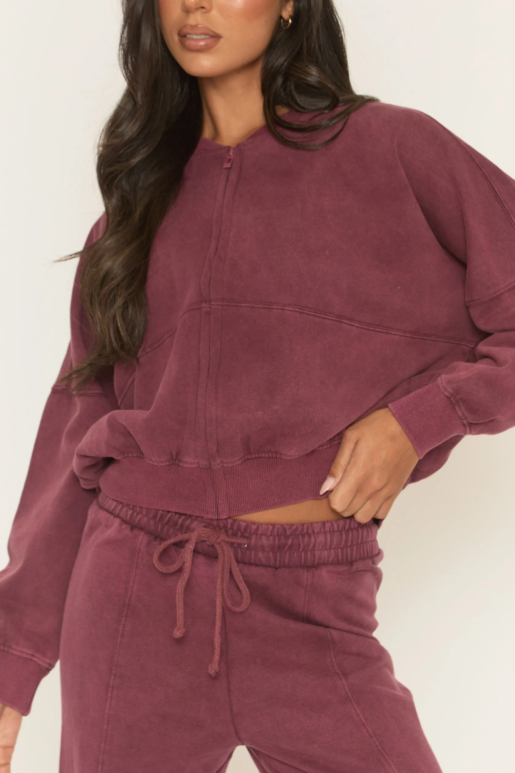 Wine Acid Wash Bomber and Wide Leg Jogger Loungewear Co-ord Set - Macay sold by Rebellious Fashion product image thumbnail 3