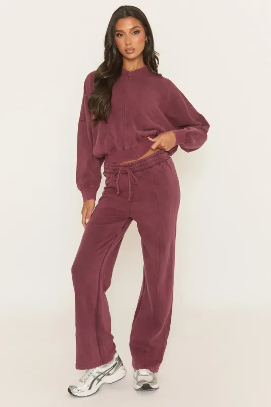 Wine Acid Wash Bomber and Wide Leg Jogger Loungewear Co-ord Set - Macay sold by Rebellious Fashion