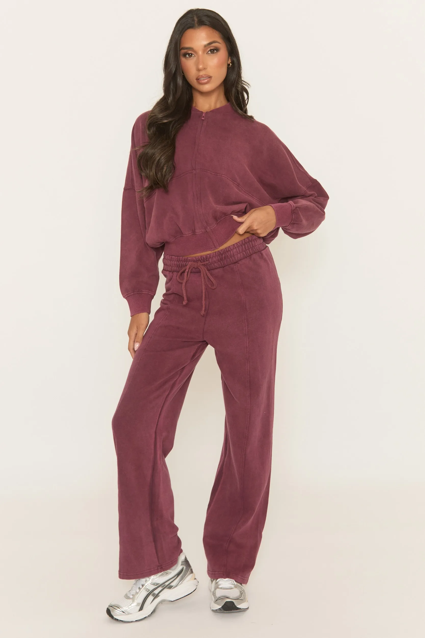 Wine Acid Wash Bomber and Wide Leg Jogger Loungewear Co-ord Set - Macay sold by Rebellious Fashion