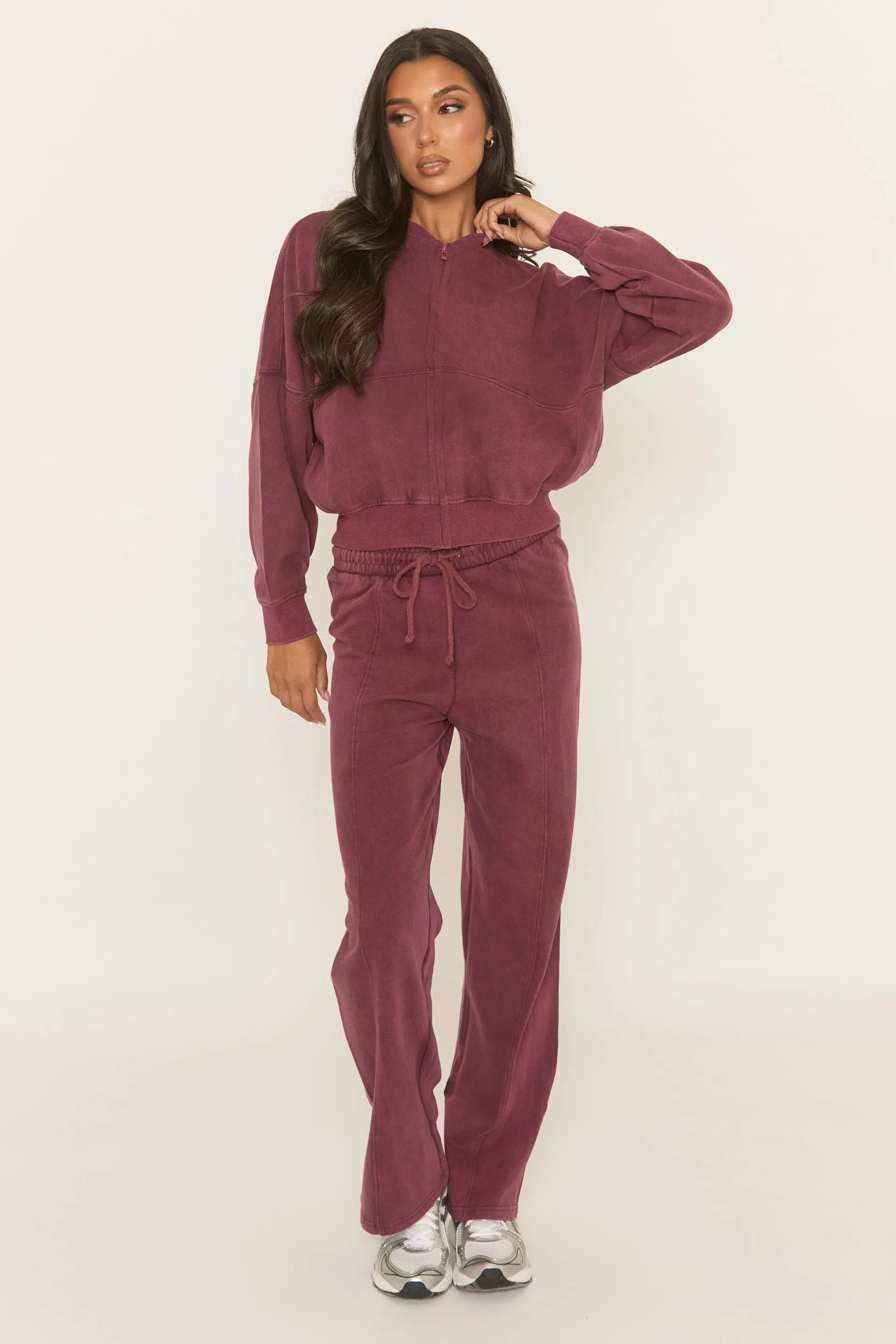 Wine Acid Wash Bomber and Wide Leg Jogger Loungewear Co-ord Set - Macay sold by Rebellious Fashion product image thumbnail 2