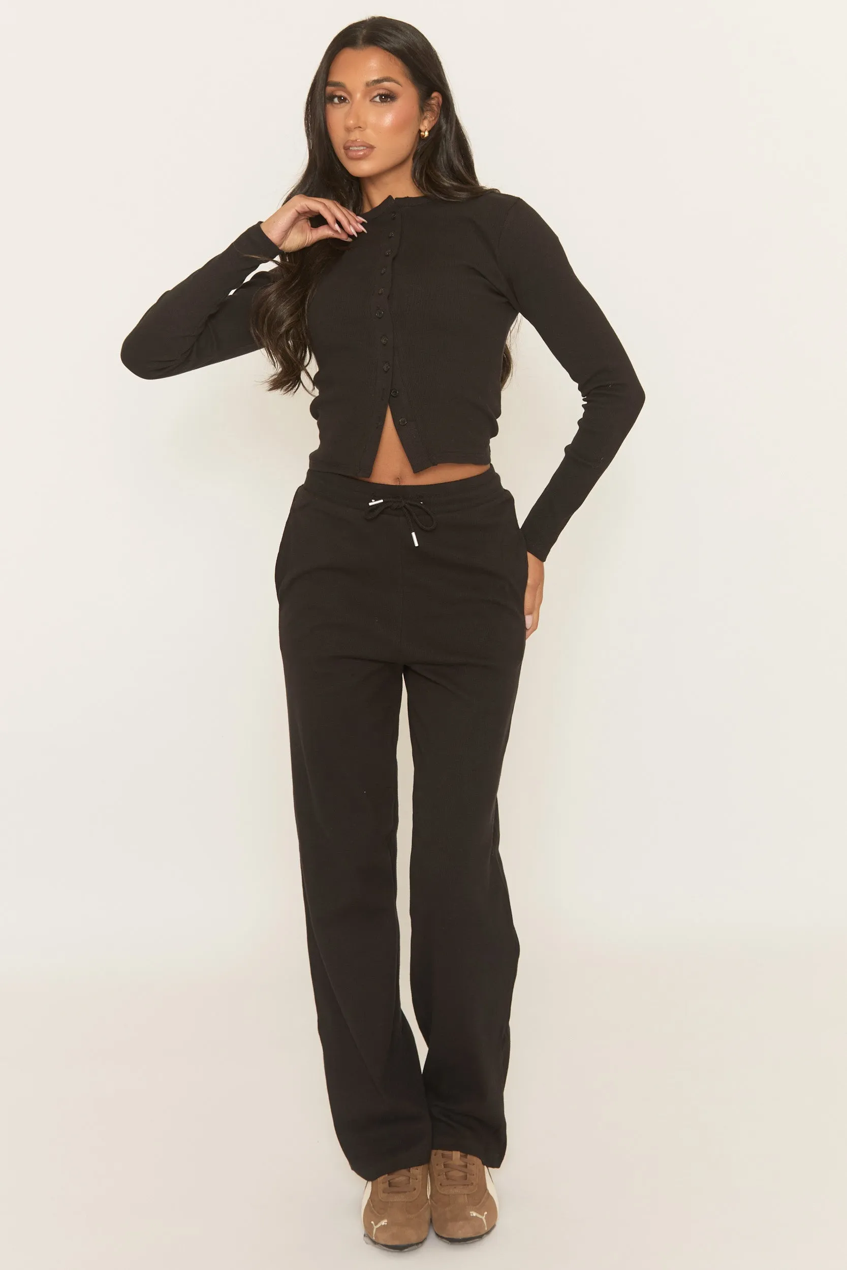 Black Button Front Long Sleeve Top and Trouser Loungewear Set - Izzabelle sold by Rebellious Fashion