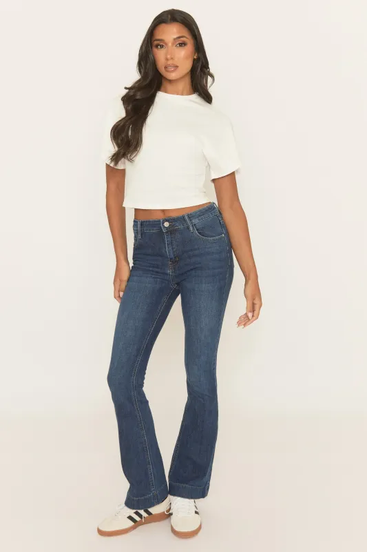 Mid Blue Stretch Denim Flare Jeans - Sorcha sold by Rebellious Fashion